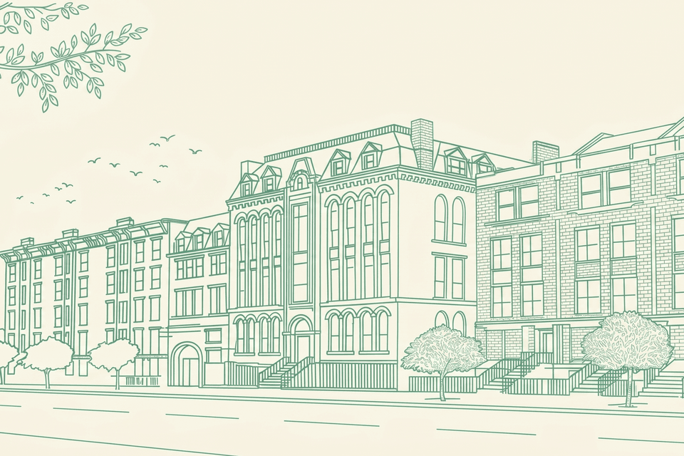 Illustration of the Bridge Harbor Heights garden — communal tables, gas grills, and brick courtyard.